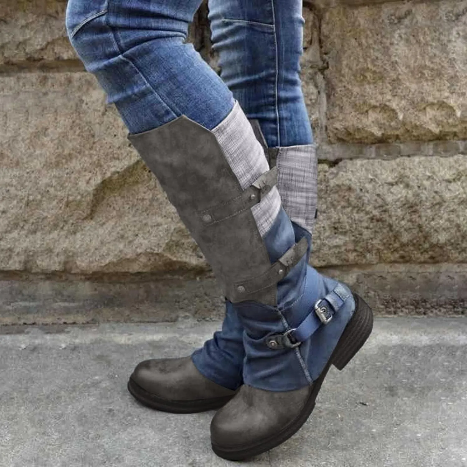 Hbeylia Boots For Women Vintage Slouchy Plaid Leather Round Toe Chunky Block Low Heels Pullon Wide Mid Calf Riding Work Boots Boho Casual Metal Buckle Winter Fall Long Tall Combat Boots
