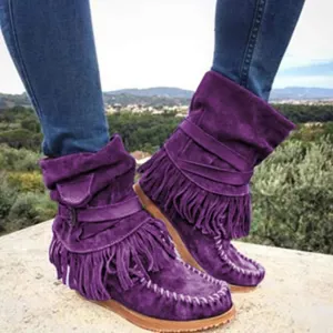 Hbeylia Cowboy Boots For Women Vintage Boho Fringe Tassel Platform Chunky Heel Western Cowgirl Boots Retro Ethnic Wedge Wide Mid Calf Booties Winter Warm Riding Short Ankle Boots For Girls