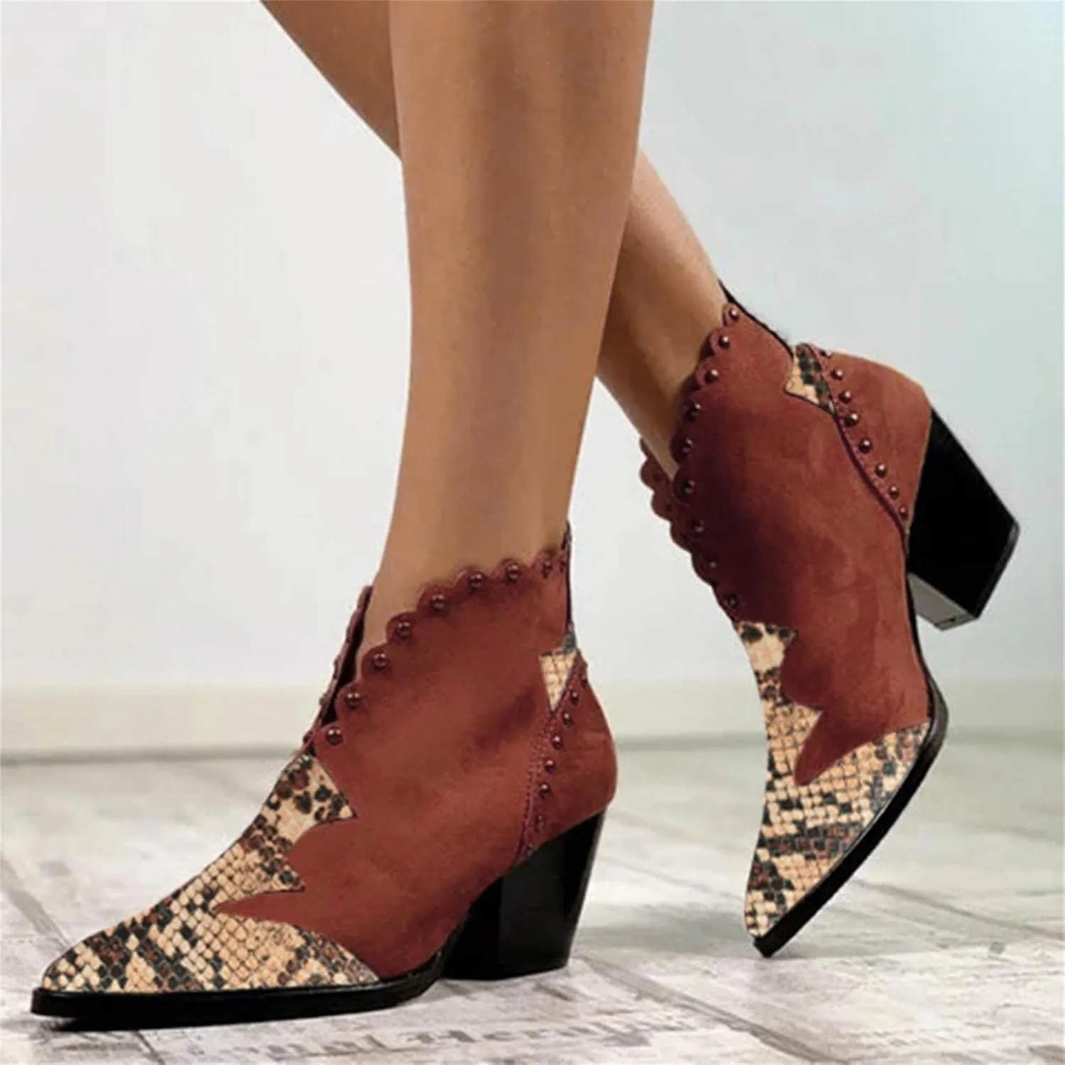Hbeylia Dress Boots For Women Lady Fashion Soft Faux Snakeskin Leather Patchwork Pointed Toe Chunky Block High Heels Ankle Booties Studded Dressy Pump Winter Fall Short Boots For Wedding Office Party