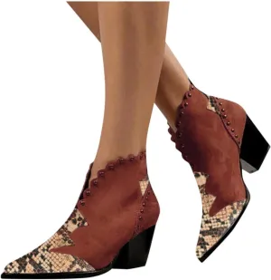 Hbeylia Dress Boots For Women Lady Fashion Soft Faux Snakeskin Leather Patchwork Pointed Toe Chunky Block High Heels Ankle Booties Studded Dressy Pump Winter Fall Short Boots For Wedding Office Party