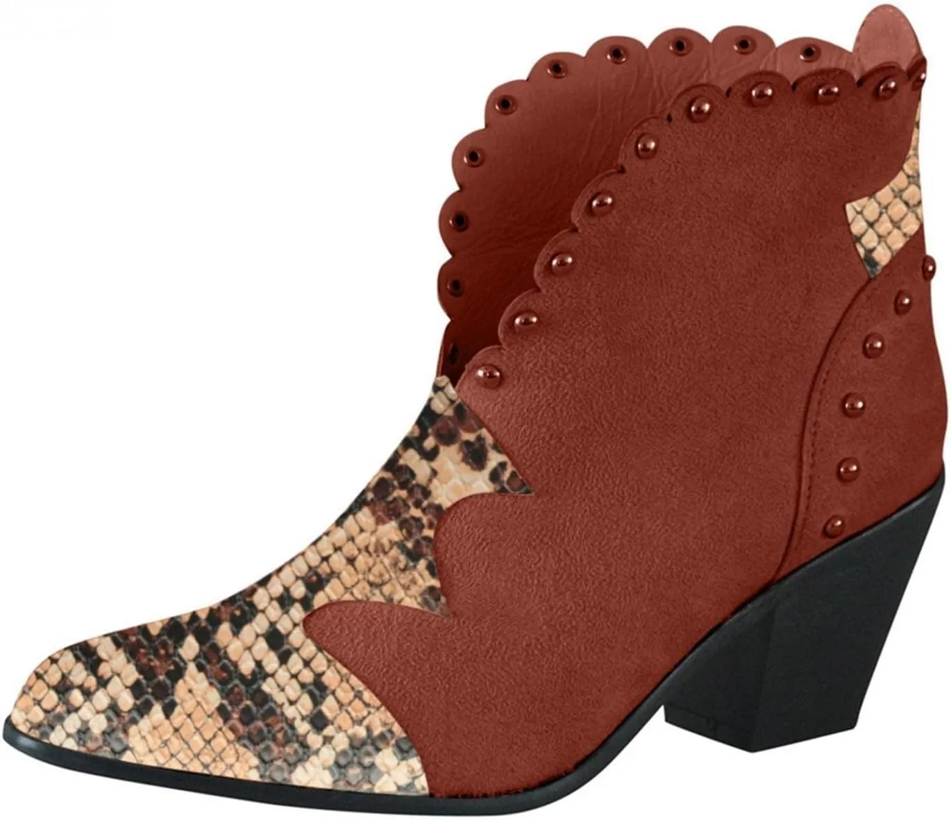 Hbeylia Dress Boots For Women Lady Fashion Soft Faux Snakeskin Leather Patchwork Pointed Toe Chunky Block High Heels Ankle Booties Studded Dressy Pump Winter Fall Short Boots For Wedding Office Party