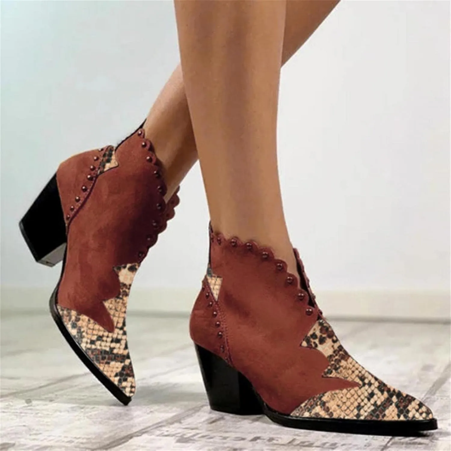 Hbeylia Dress Boots For Women Lady Fashion Soft Faux Snakeskin Leather Patchwork Pointed Toe Chunky Block High Heels Ankle Booties Studded Dressy Pump Winter Fall Short Boots For Wedding Office Party