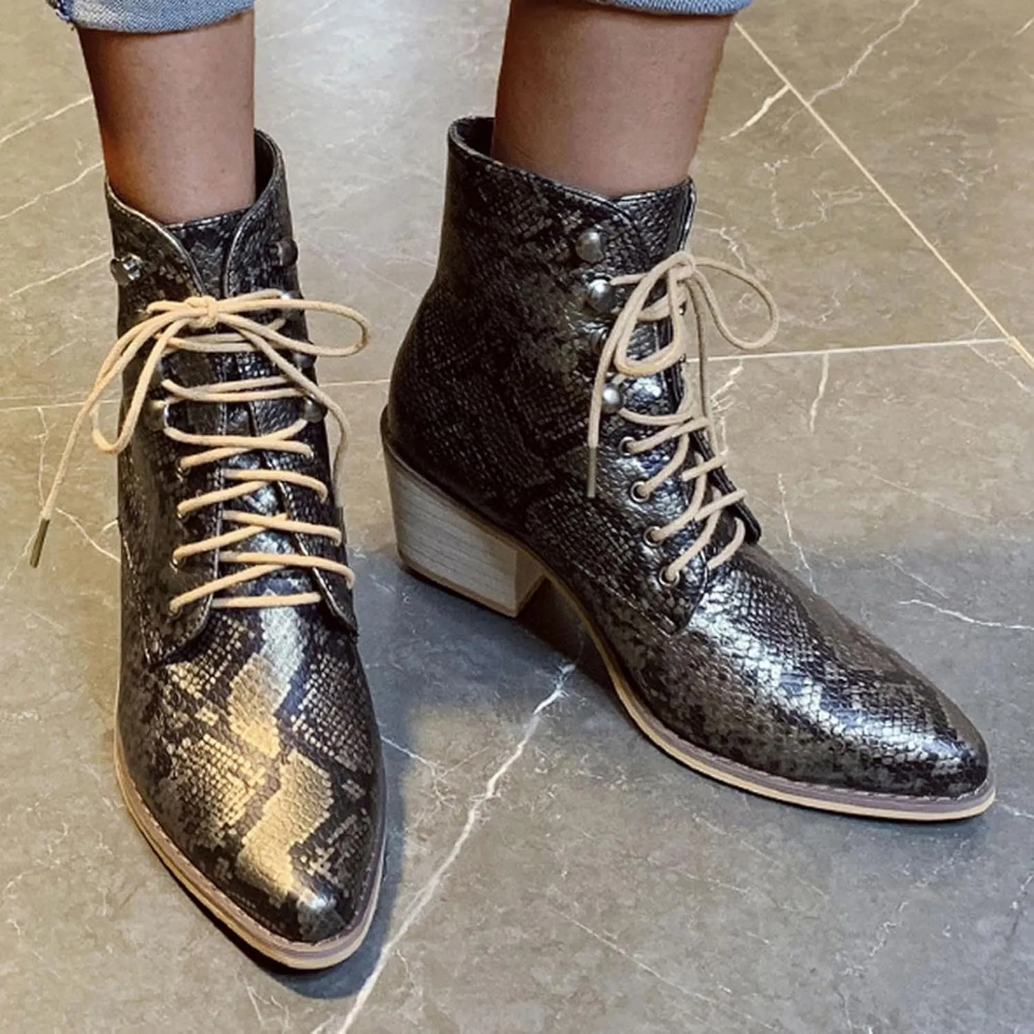 Hbeylia Dress Combat Boots For Women Lady 2021 Fashion Faux Snakeskin Design Leather Lace Up Pointed Toe Chunky Block Mid Heels Ankle Booties Winter Fall Dress Mid Calf Short Boots For Christmas Gift