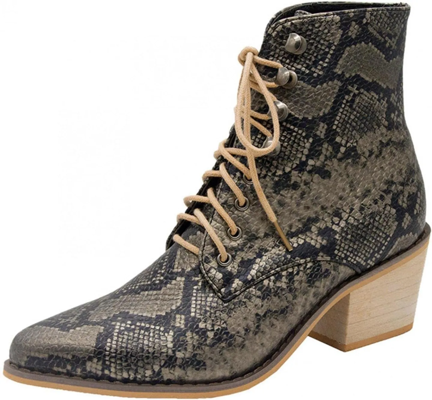 Hbeylia Dress Combat Boots For Women Lady 2021 Fashion Faux Snakeskin Design Leather Lace Up Pointed Toe Chunky Block Mid Heels Ankle Booties Winter Fall Dress Mid Calf Short Boots For Christmas Gift
