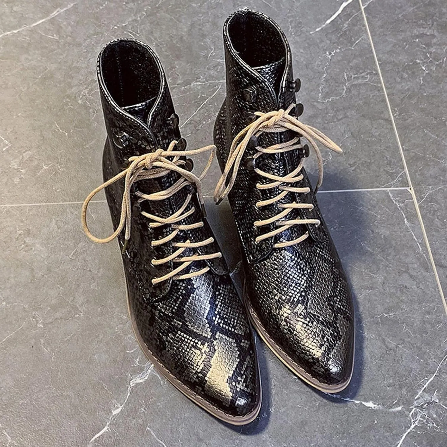 Hbeylia Dress Combat Boots For Women Lady 2021 Fashion Faux Snakeskin Design Leather Lace Up Pointed Toe Chunky Block Mid Heels Ankle Booties Winter Fall Dress Mid Calf Short Boots For Christmas Gift