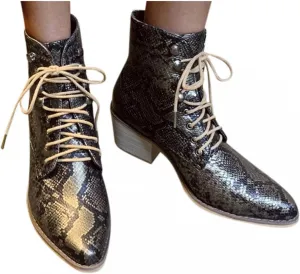 Hbeylia Dress Combat Boots For Women Lady 2021 Fashion Faux Snakeskin Design Leather Lace Up Pointed Toe Chunky Block Mid Heels Ankle Booties Winter Fall Dress Mid Calf Short Boots For Christmas Gift