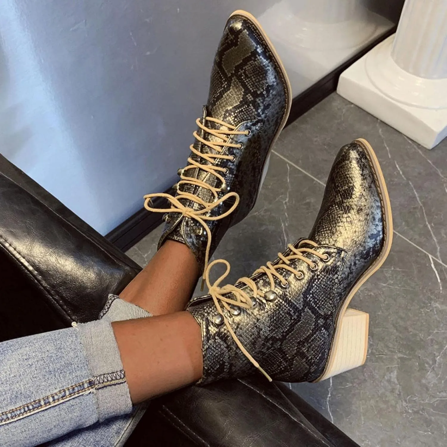 Hbeylia Dress Combat Boots For Women Lady 2021 Fashion Faux Snakeskin Design Leather Lace Up Pointed Toe Chunky Block Mid Heels Ankle Booties Winter Fall Dress Mid Calf Short Boots For Christmas Gift