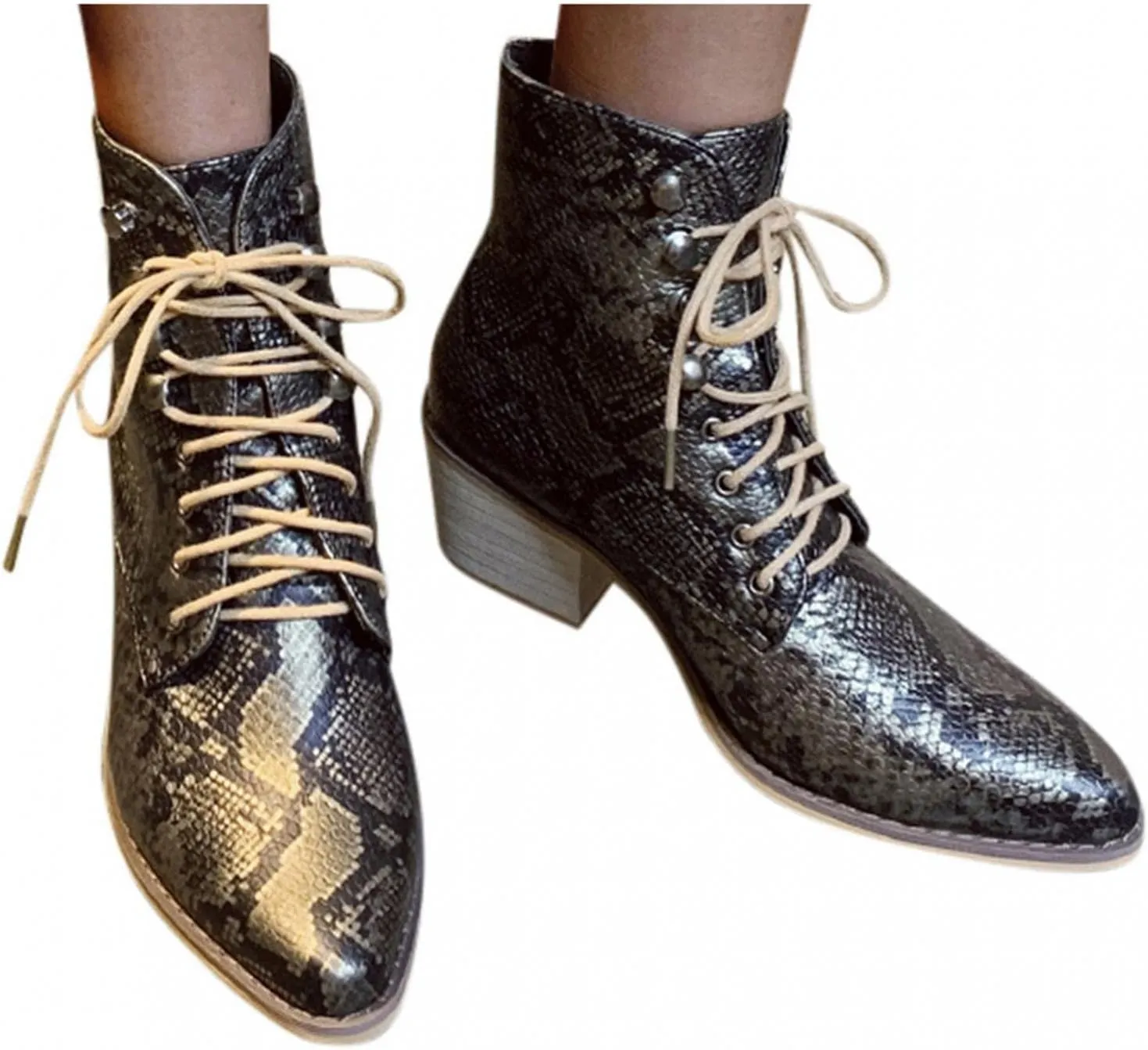Hbeylia Dress Combat Boots For Women Lady 2021 Fashion Faux Snakeskin Design Leather Lace Up Pointed Toe Chunky Block Mid Heels Ankle Booties Winter Fall Dress Mid Calf Short Boots For Christmas Gift
