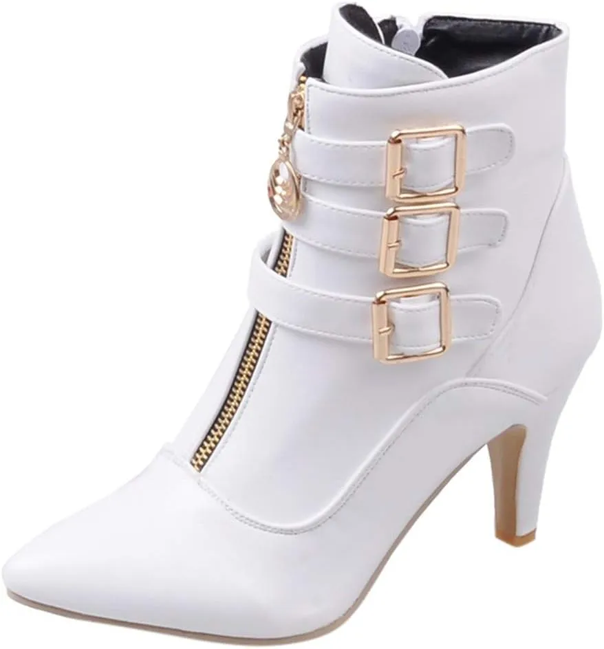 Hbeylia Dress Pump Ankle Boots For Women Fashion Leather Pointed Toe High Heels Ankle Booties Metal Buckle Strap Zipper Stiletto Mid Calf Boots Winter Short Shoes For Ladies Christmas Wedding Party