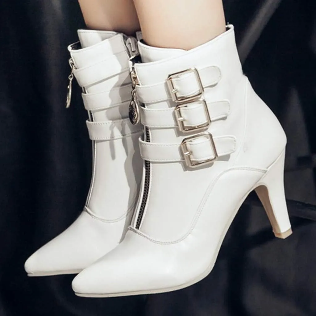 Hbeylia Dress Pump Ankle Boots For Women Fashion Leather Pointed Toe High Heels Ankle Booties Metal Buckle Strap Zipper Stiletto Mid Calf Boots Winter Short Shoes For Ladies Christmas Wedding Party