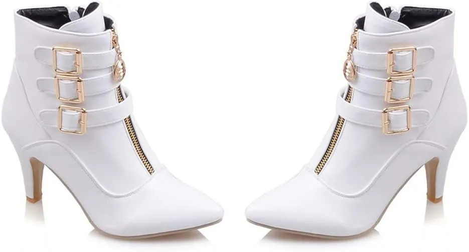 Hbeylia Dress Pump Ankle Boots For Women Fashion Leather Pointed Toe High Heels Ankle Booties Metal Buckle Strap Zipper Stiletto Mid Calf Boots Winter Short Shoes For Ladies Christmas Wedding Party