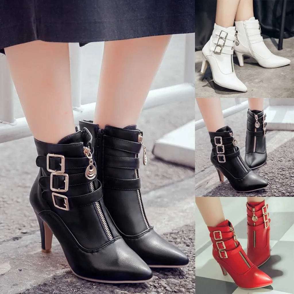 Hbeylia Dress Pump Ankle Boots For Women Fashion Leather Pointed Toe High Heels Ankle Booties Metal Buckle Strap Zipper Stiletto Mid Calf Boots Winter Short Shoes For Ladies Christmas Wedding Party