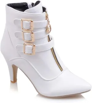 Hbeylia Dress Pump Ankle Boots For Women Fashion Leather Pointed Toe High Heels Ankle Booties Metal Buckle Strap Zipper Stiletto Mid Calf Boots Winter Short Shoes For Ladies Christmas Wedding Party