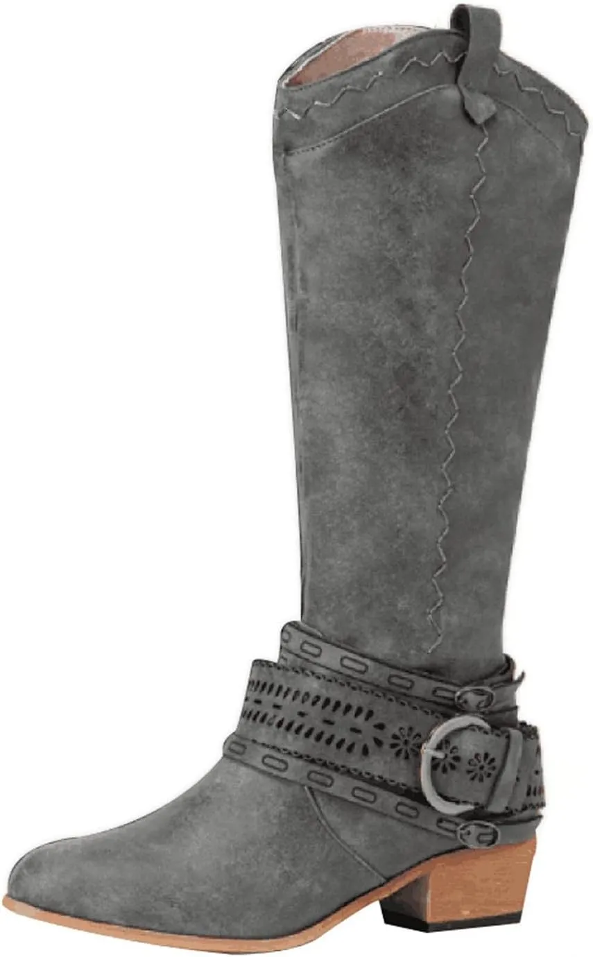 Hbeylia Knee High Western Cowboy Cowgirls Boots For Women Vintage Boho Lace Leather Pointed Toe Chunky Block Mid Heels Knee Length Long Boots With Side Zip Fashion Winter Fall Dress Tall Boots