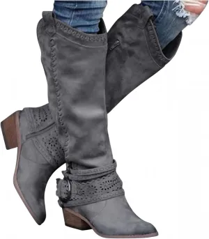 Hbeylia Knee High Western Cowboy Cowgirls Boots For Women Vintage Boho Lace Leather Pointed Toe Chunky Block Mid Heels Knee Length Long Boots With Side Zip Fashion Winter Fall Dress Tall Boots