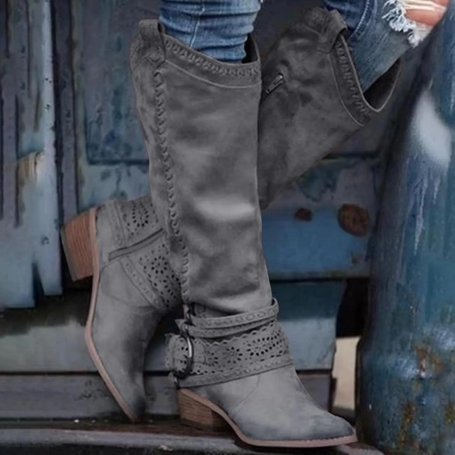 Hbeylia Knee High Western Cowboy Cowgirls Boots For Women Vintage Boho Lace Leather Pointed Toe Chunky Block Mid Heels Knee Length Long Boots With Side Zip Fashion Winter Fall Dress Tall Boots