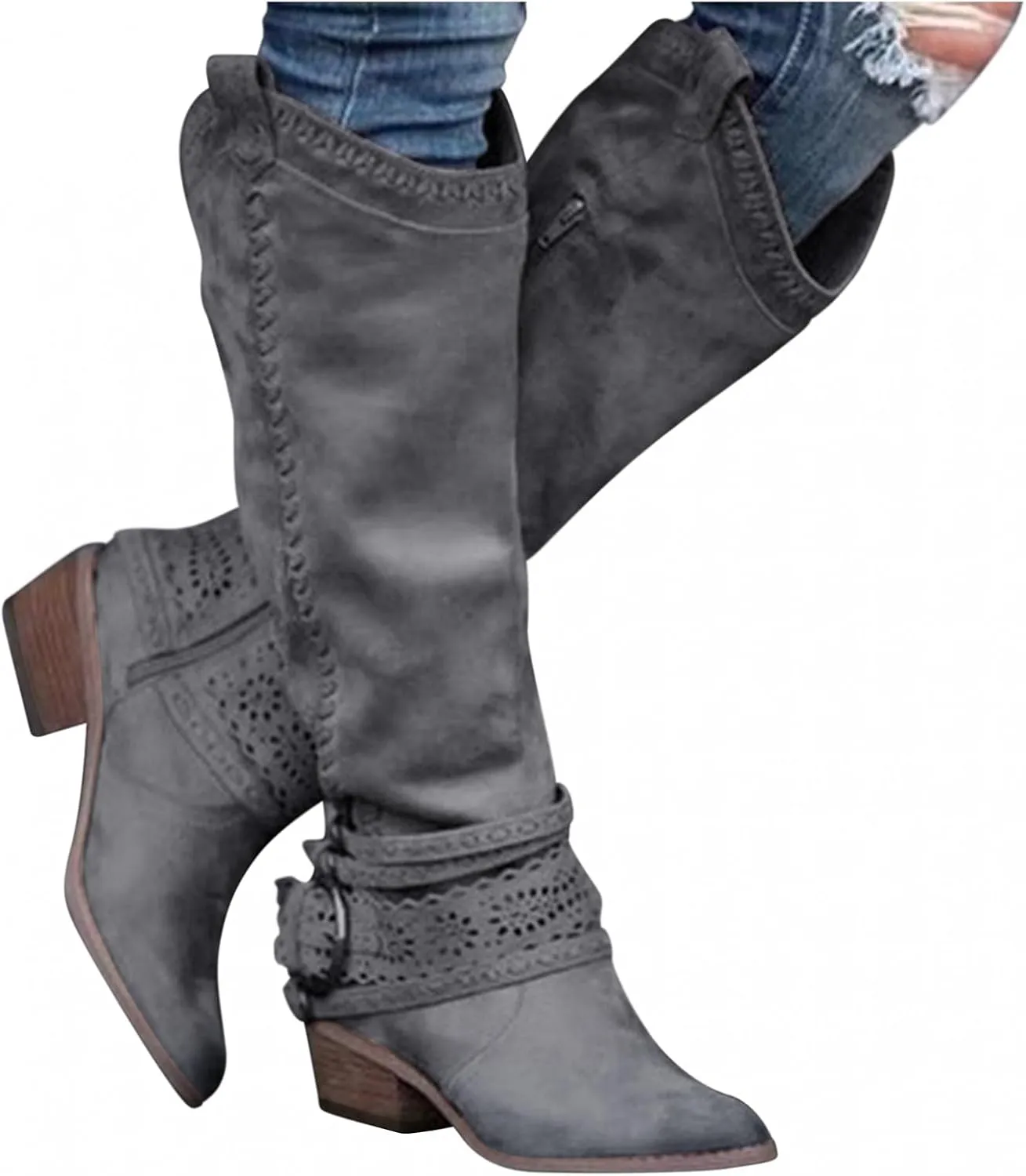 Hbeylia Knee High Western Cowboy Cowgirls Boots For Women Vintage Boho Lace Leather Pointed Toe Chunky Block Mid Heels Knee Length Long Boots With Side Zip Fashion Winter Fall Dress Tall Boots