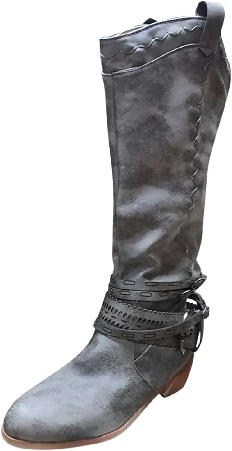 Hbeylia Knee High Western Cowboy Cowgirls Boots For Women Vintage Boho Lace Leather Pointed Toe Chunky Block Mid Heels Knee Length Long Boots With Side Zip Fashion Winter Fall Dress Tall Boots