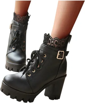Hbeylia Platform High Heels Ankle Booties For Women Ladies Vintage Goth Lace Leather Round Toe Chunky Dress Pump Combat Boots Gothic Lace Up Metal Buckle Dressy Winter Fall Short Boots For Wedding