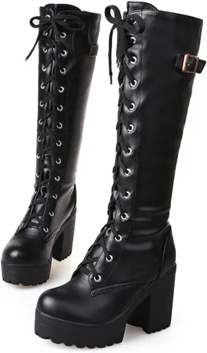 Hbeylia Platform Knee High Combat Boots For Women Ladies Fashion Punk Goth Leather Lace Up Round Toe Wedge Chunky Block High Heels Knee Length Long Boots Vintage Gothic Motorcycle Riding Tall Boots