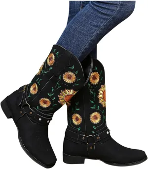 Hbeylia Sunflower Embroidered Cowboy Boots For Women Ethnic Vintage Suede Square Toe Metal Buckle Chunky Block Mid Heels Pullon Wide Calf Boots Rhinestones Retro Dress Work Short Boots For Ladies
