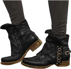Hbeylia Vintage Boho Work Boots For Women Leather Studded Lace Up Metal Buckle Wrapped Wide Round Toe Chunky Block Low Heels Ankle Booties Bohemian Rivet Winter Fall Short Combat Boots For Riding