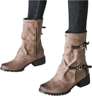 Hbeylia Vintage Mid Calf Boots For Women Boho Retro Leather Wrapped Metal Buckle Round Toe Chunky Block Mid Heels Combat Boots Non Slip Winter Fall Dress Work Short Boots For Riding Party Favor