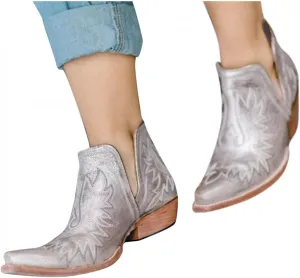 Hbeylia Western Cowgirl Cowboy Boots For Women Ladies Ethnic Boho Vintage Leather Round Toe Chunky Block Mid Heels Slip On Ankle Booties Casual V Cut Dress Short Boots For Christmas Party Decoration