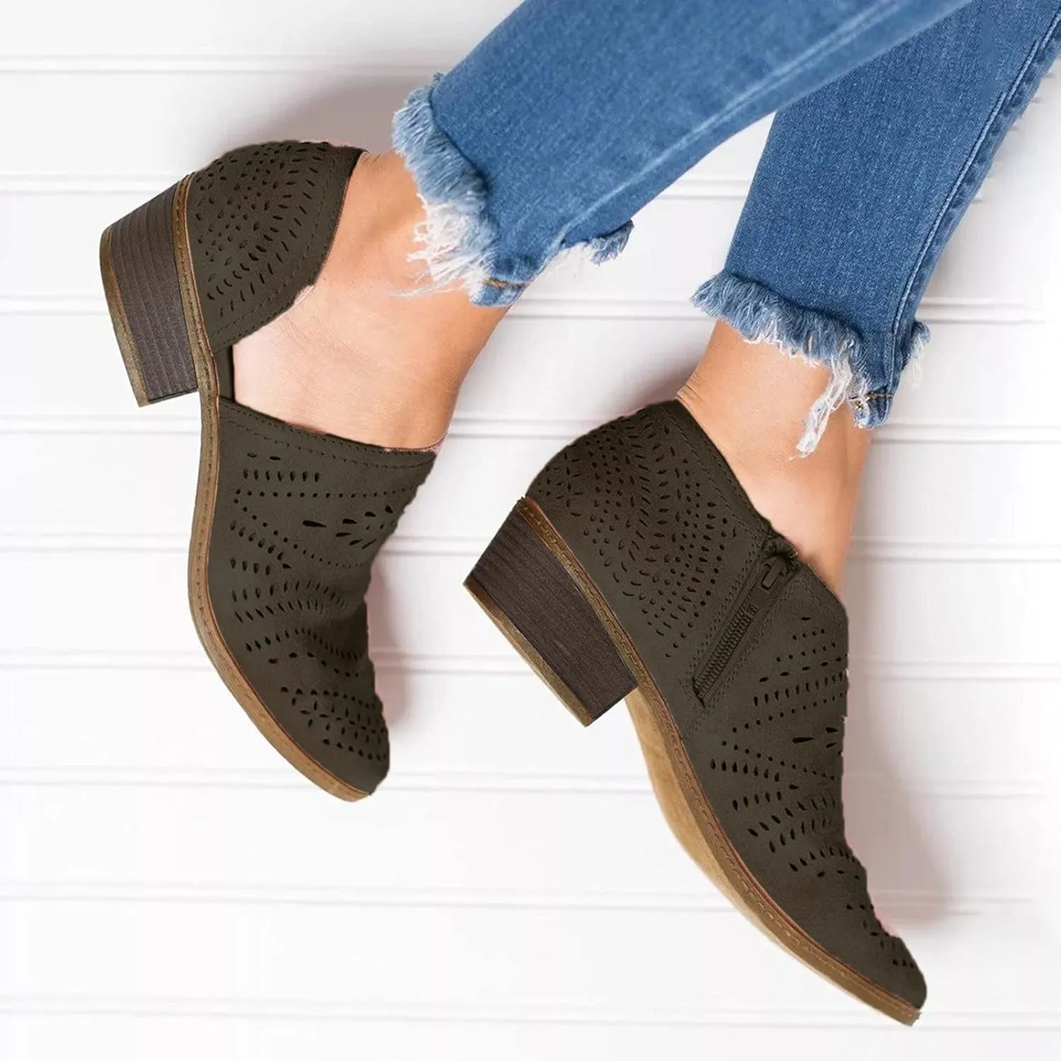 Hbeylia Women's Booties Boho Fashion Round Toe Hollow Out V Cut Slip On Chunky Mid Heels Ankle Boots Walking Shoes For Women Ladies Bohemian Beach Travel Sandals Shoes