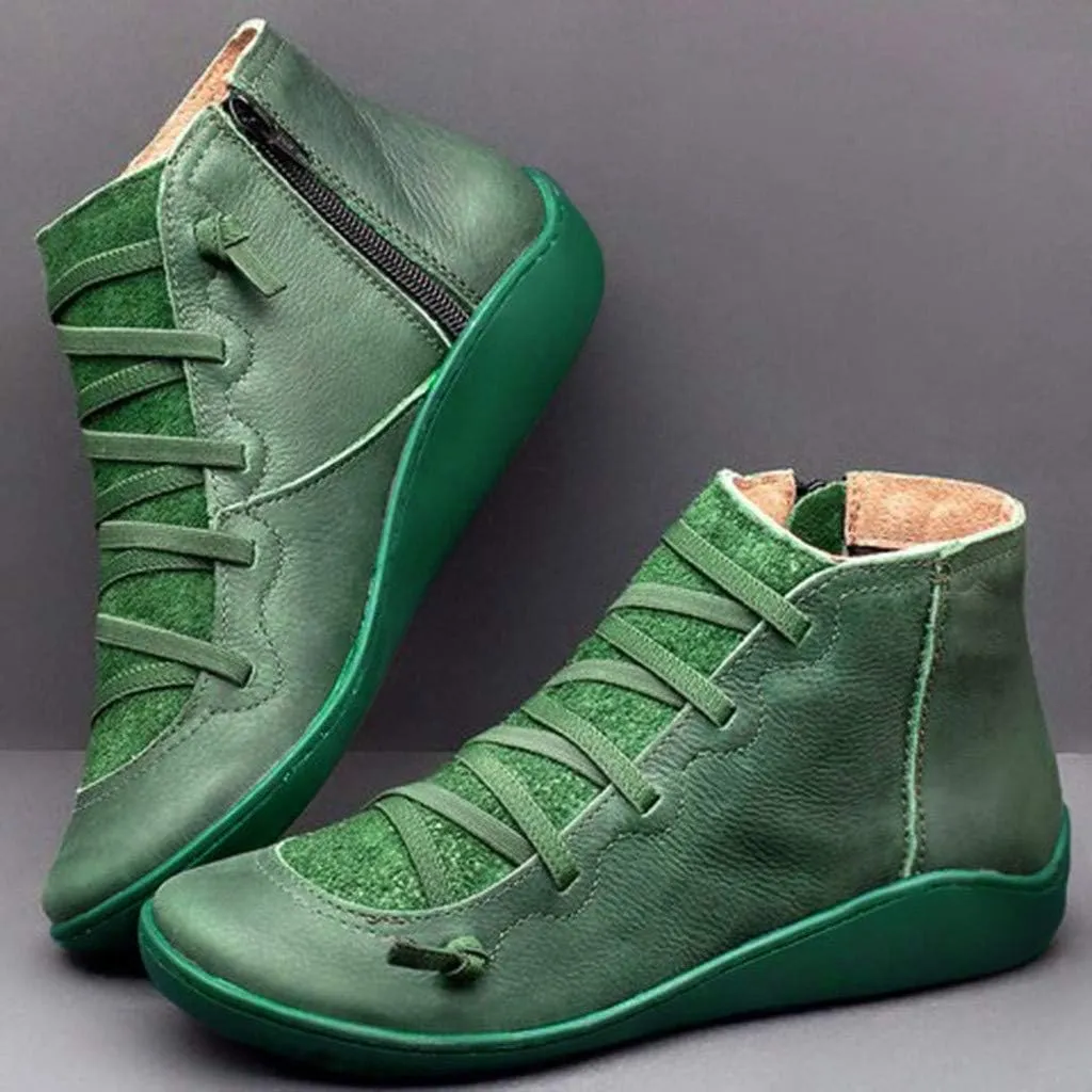 Hbeylia Women's Fashion Sneaker Booties Casual Leather Lace Up Ankle Boots Walking Shoes Vintage Retro Round Toe Side Zip Flat Short Boots For Women Men Ladies