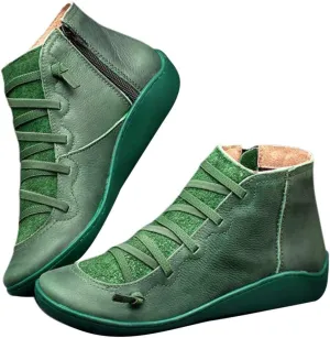 Hbeylia Women's Fashion Sneaker Booties Casual Leather Lace Up Ankle Boots Walking Shoes Vintage Retro Round Toe Side Zip Flat Short Boots For Women Men Ladies
