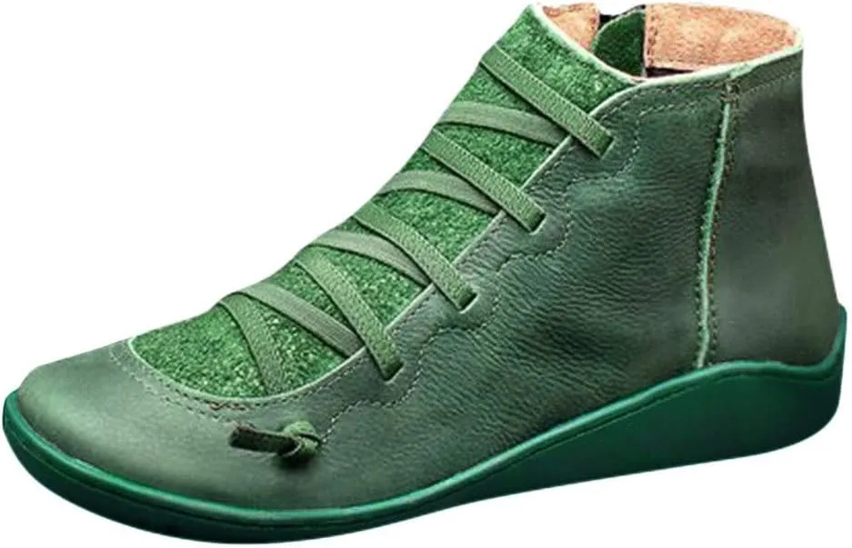 Hbeylia Women's Fashion Sneaker Booties Casual Leather Lace Up Ankle Boots Walking Shoes Vintage Retro Round Toe Side Zip Flat Short Boots For Women Men Ladies