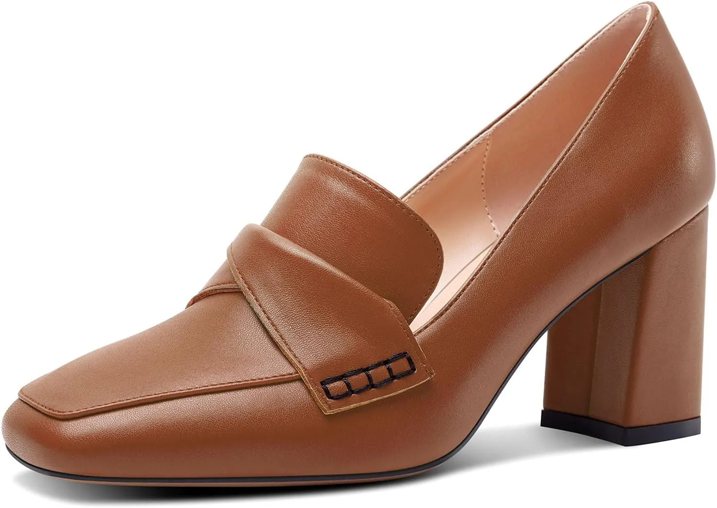 HDEUOLM Womens Chunky Block Mid Heel Square Toe Pumps Slip-on Loafers Shoes Office Basic Classic 3.2 Inches Shoes