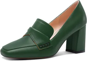 HDEUOLM Womens Chunky Block Mid Heel Square Toe Pumps Slip-on Loafers Shoes Office Basic Classic 3.2 Inches Shoes