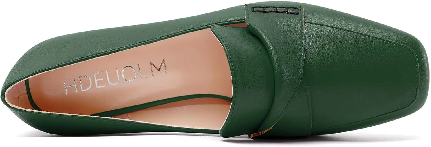 HDEUOLM Womens Chunky Block Mid Heel Square Toe Pumps Slip-on Loafers Shoes Office Basic Classic 3.2 Inches Shoes