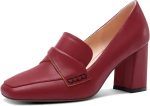 HDEUOLM Womens Chunky Block Mid Heel Square Toe Pumps Slip-on Loafers Shoes Office Basic Classic 3.2 Inches Shoes