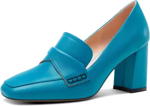 HDEUOLM Womens Chunky Block Mid Heel Square Toe Pumps Slip-on Loafers Shoes Office Basic Classic 3.2 Inches Shoes