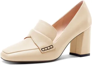 HDEUOLM Womens Chunky Block Mid Heel Square Toe Pumps Slip-on Loafers Shoes Office Basic Classic 3.2 Inches Shoes