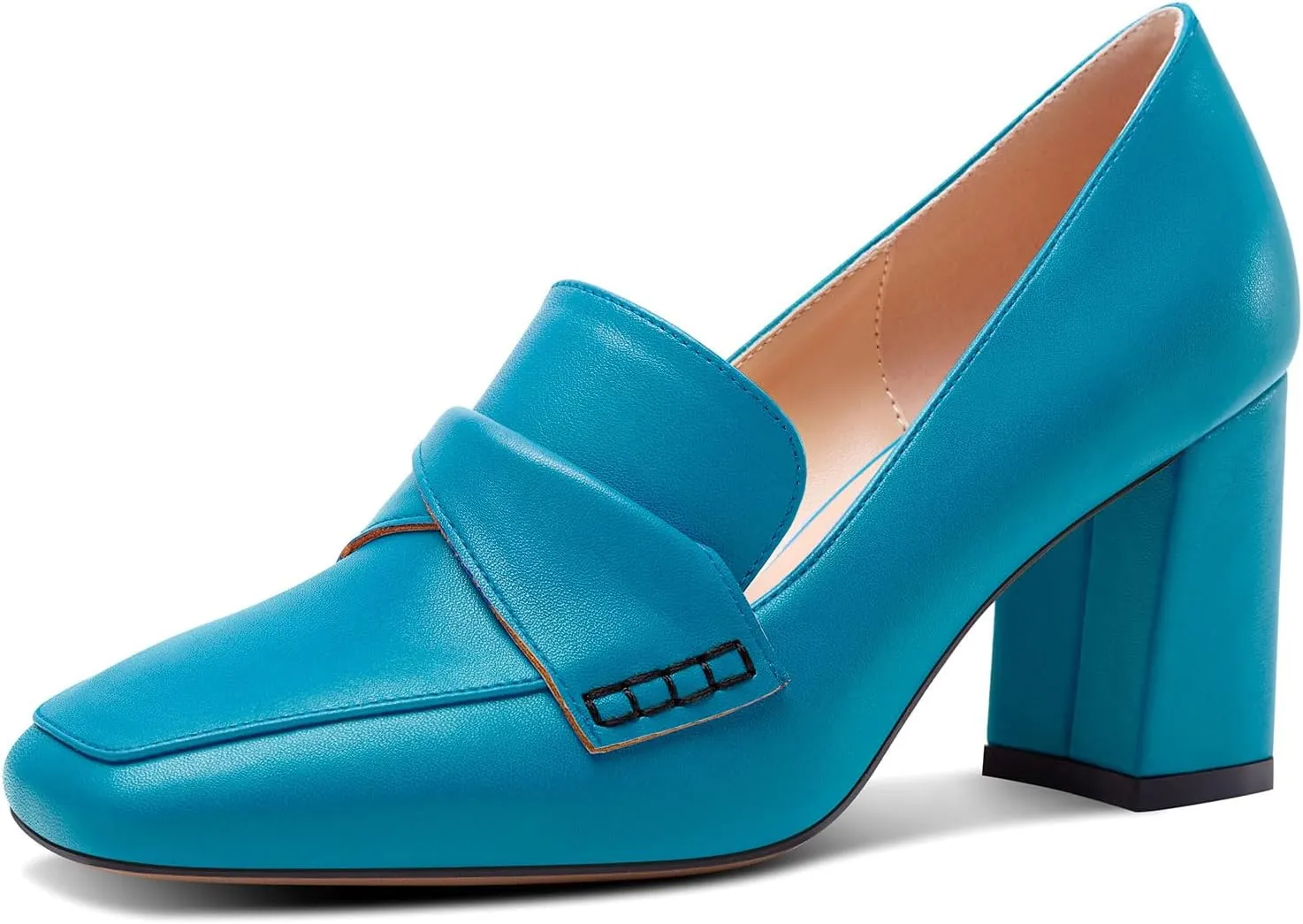 HDEUOLM Womens Chunky Block Mid Heel Square Toe Pumps Slip-on Loafers Shoes Office Basic Classic 3.2 Inches Shoes