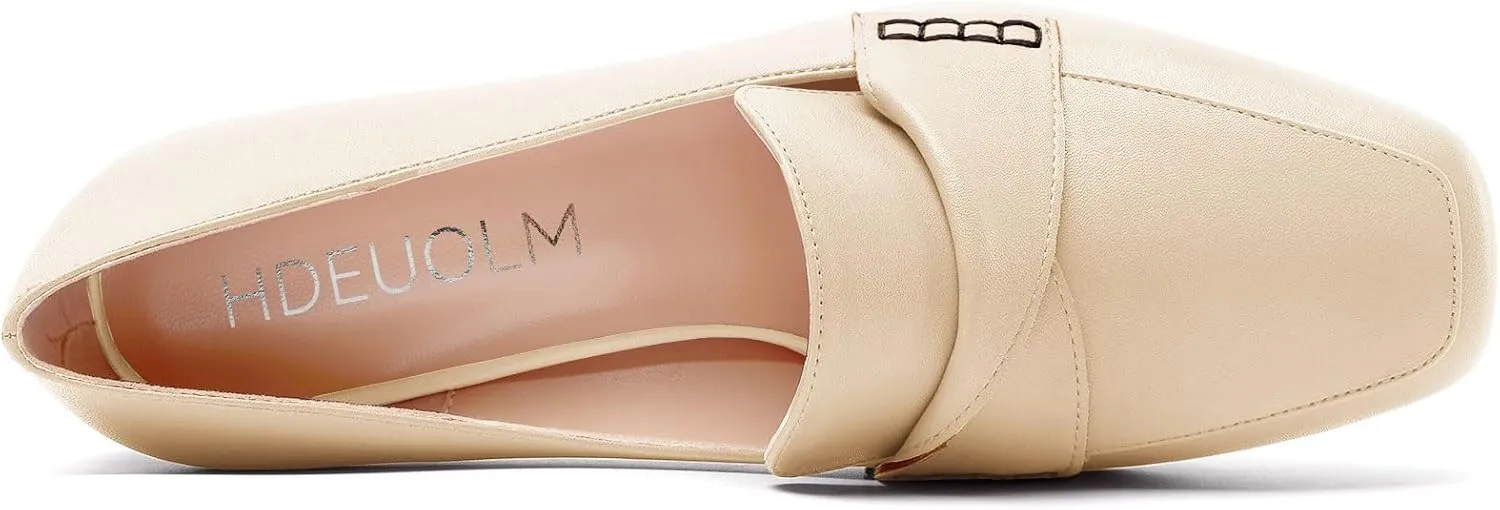 HDEUOLM Womens Chunky Block Mid Heel Square Toe Pumps Slip-on Loafers Shoes Office Basic Classic 3.2 Inches Shoes