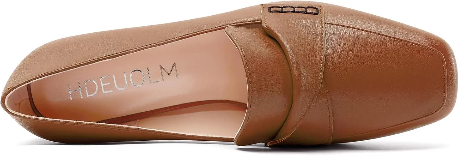 HDEUOLM Womens Chunky Block Mid Heel Square Toe Pumps Slip-on Loafers Shoes Office Basic Classic 3.2 Inches Shoes