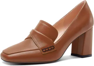 HDEUOLM Womens Chunky Block Mid Heel Square Toe Pumps Slip-on Loafers Shoes Office Basic Classic 3.2 Inches Shoes