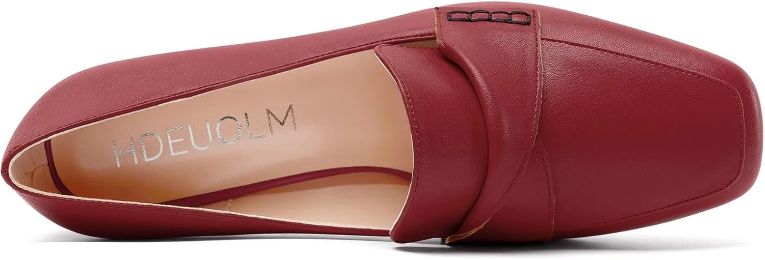 HDEUOLM Womens Chunky Block Mid Heel Square Toe Pumps Slip-on Loafers Shoes Office Basic Classic 3.2 Inches Shoes