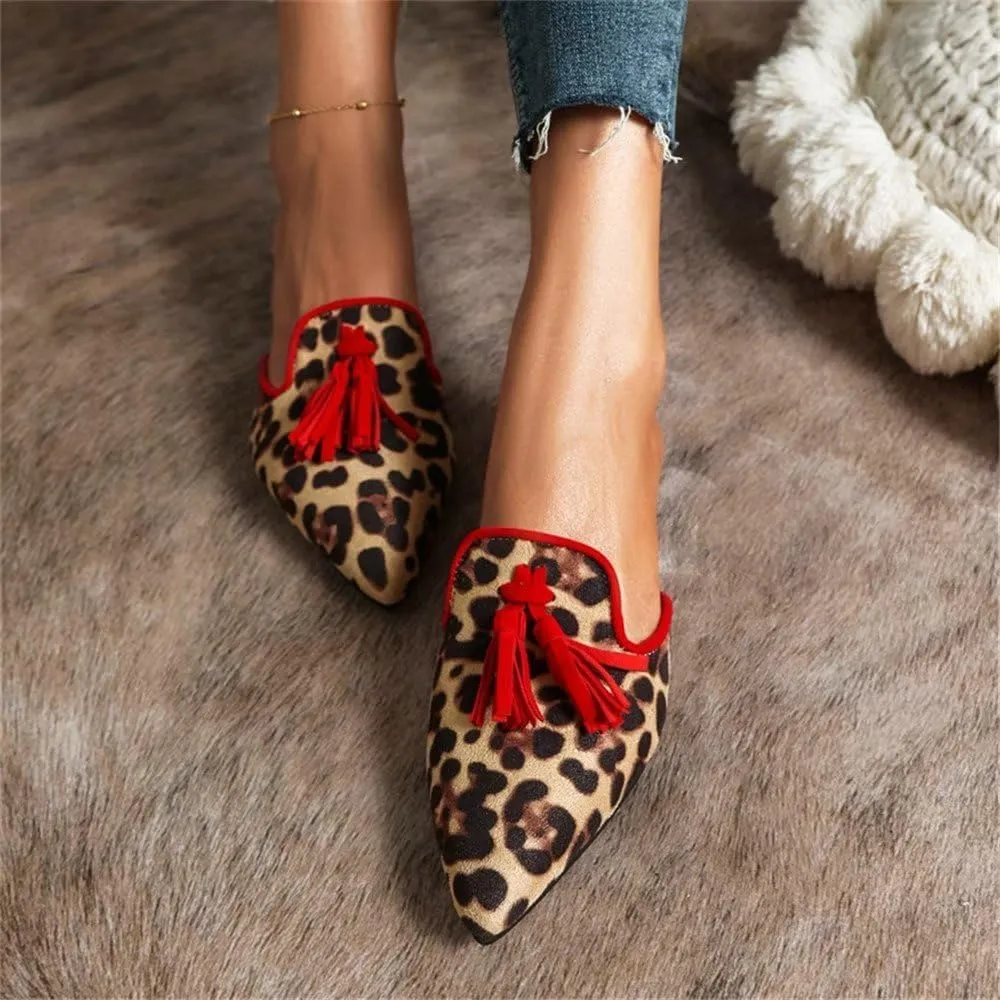 Hee grand Women Mules Closed Pointed Toe Tassel Flat Mules Casual Outdoor Slippers Slip On Backless Loafers