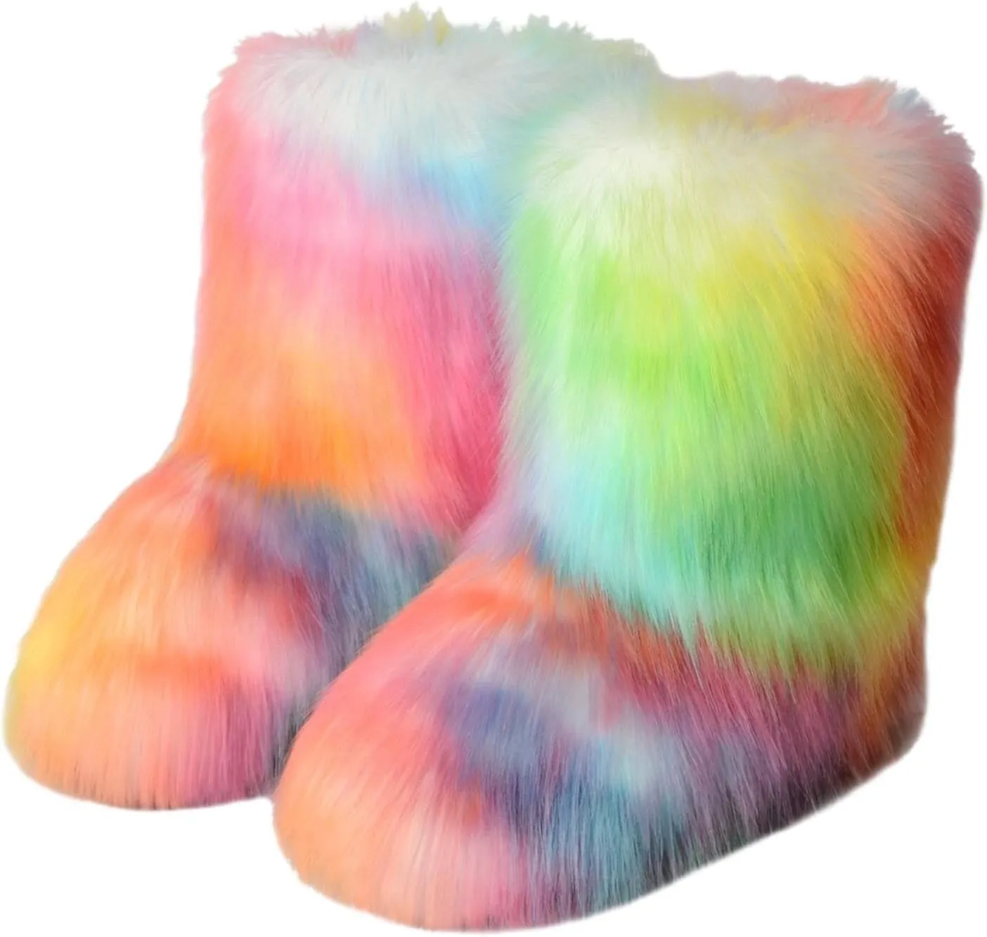 HINDOLA Womens Faux Fur Boots Winter Comfy Plush Warm Snow Boots Fuzzy Fluffy Furry Round Toe Suede Boots Comfortable Winter Ankle Booties Anti Slip Outdoor Indoor Flat Shoes