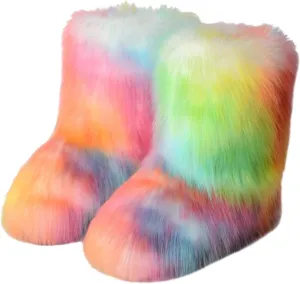HINDOLA Womens Faux Fur Boots Winter Comfy Plush Warm Snow Boots Fuzzy Fluffy Furry Round Toe Suede Boots Comfortable Winter Ankle Booties Anti Slip Outdoor Indoor Flat Shoes