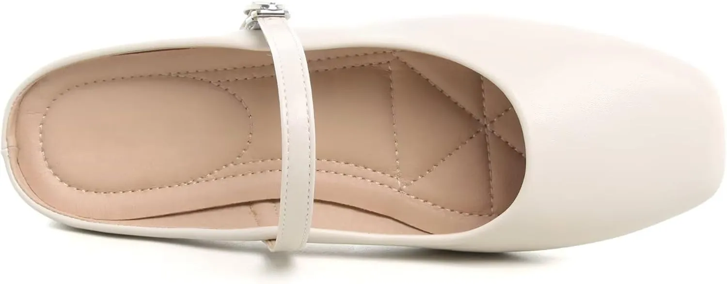 HuangTaiJi Qing Women's Closed Square Toe Backless Low Heeled Mule Slippers Casual Loafers Slip on Flat Shoes
