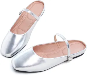 HuangTaiJi Qing Women's Closed Square Toe Backless Low Heeled Mule Slippers Casual Loafers Slip on Flat Shoes