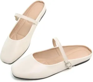 HuangTaiJi Qing Women's Closed Square Toe Backless Low Heeled Mule Slippers Casual Loafers Slip on Flat Shoes