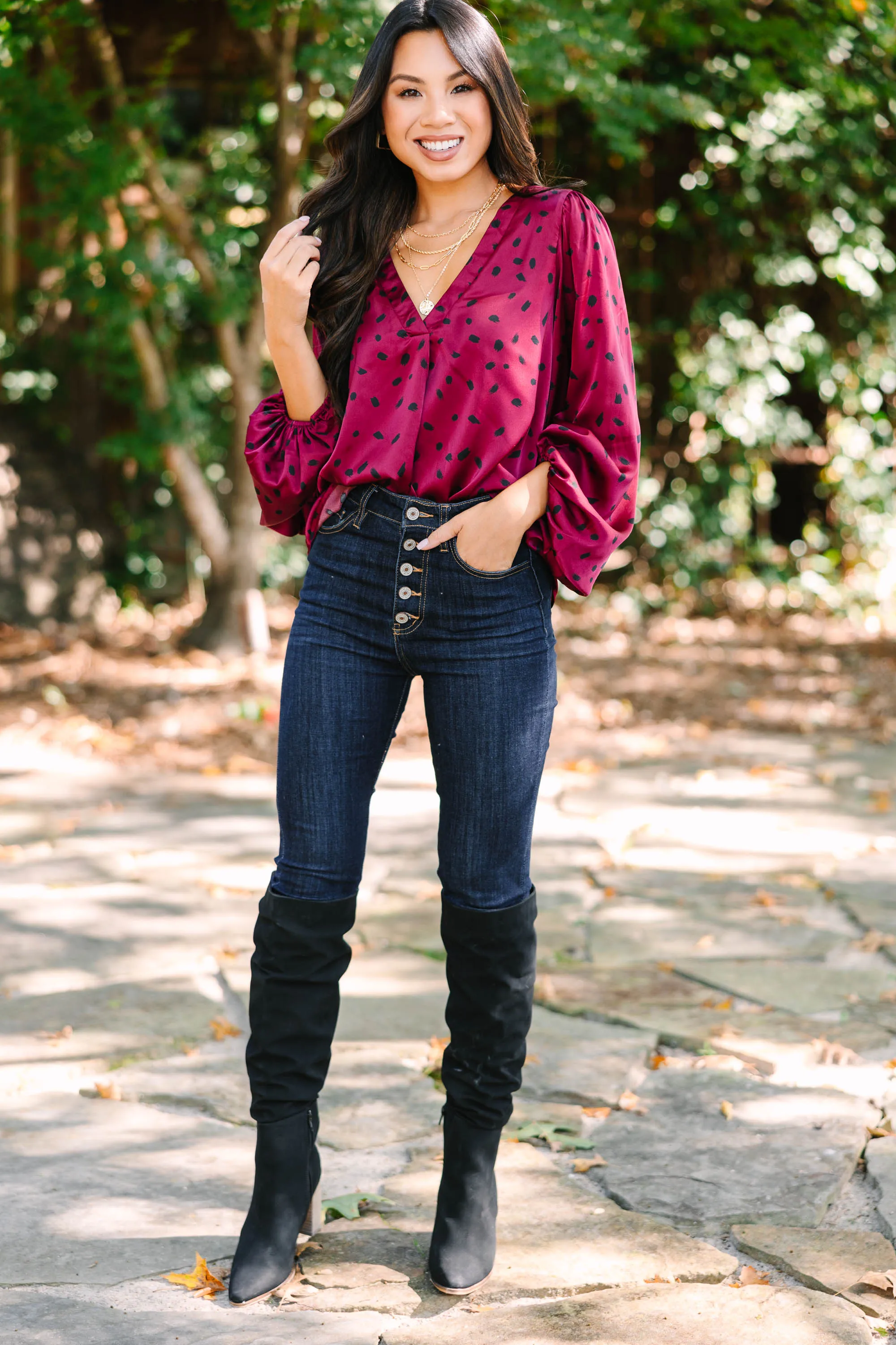 I Believe In You Burgundy Red Spotted Blouse